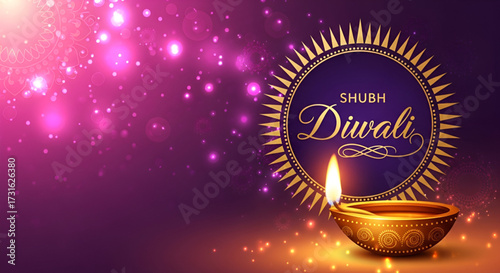 A Happy Diwali Greeting Card With A Golden Diya And Circular Emblem On A Purple Bokeh Background
