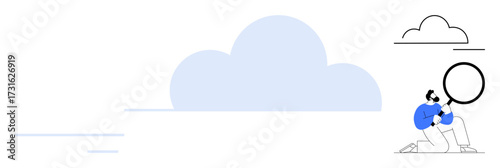 Person holding magnifying glass near large cloud, symbolizing analysis, data exploration, storage, innovation, technology. Ideal for analytics, brainstorming, cloud computing research learning