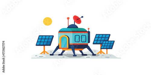 Print  Colorful vector concept of a personal space habitat pod on the Moon with solar panels and antennae, on a bright white background