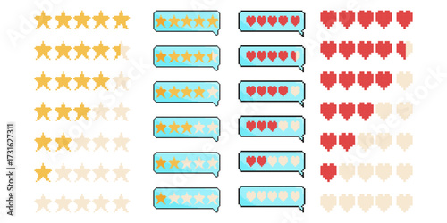 8 bit star and like rating icon set. Pixel art object. Retro 80s,90s video game graphics.