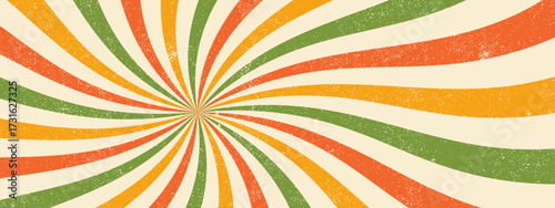 Groovy starburst pattern, swirl retro background. Abstract wave spiral with sun ray texture.
