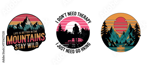 Mountain Adventure Hiking Retro Design, wild, hill, nature Explore travel vector typography of T-shirt design. travel outdoor finnd wild camping.