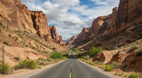 Scenic road leads through towering red rock formations under a cloudy blue sky perfect for travel concepts
