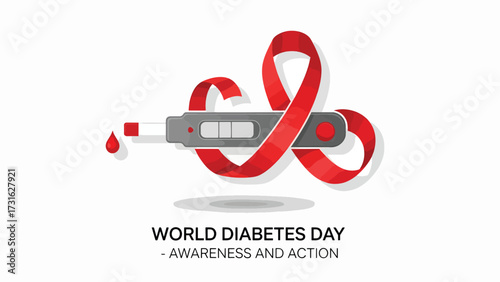 A red ribbon symbolizing awareness wraps around a blood glucose meter with a drop of blood, representing World Diabetes Day and the call for awareness and action.