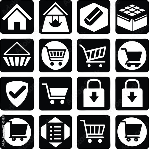 Collection of shopping and e-commerce icons featuring carts bags locks and home symbols for digital platforms