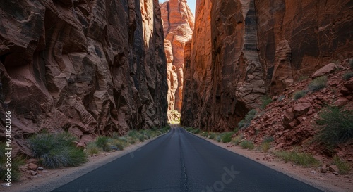 Scenic road through a canyon with impressive stone walls and sunlight
