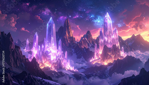 Surreal Glowing Mountain Peaks Made of Crystal Quartz Under a Starry Night Sky