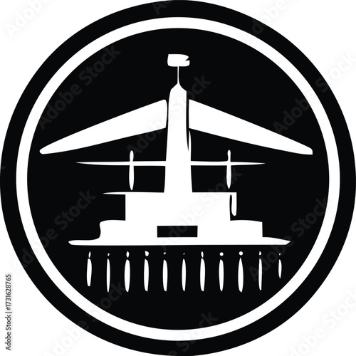 Modern aircraft hangar structure with airplane silhouette inside circular emblem symbolizing aviation and transportation industry