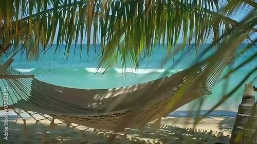 Hammock sways gently between palm trees with turquoise ocean in background beckoning relaxation