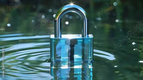 Clear padlock submerged in water with blurred green background evoking security concerns