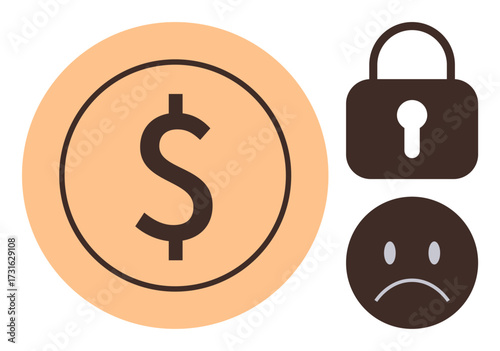 Dollar sign in circle, padlock symbolizing security, sad face expressing financial distress. Ideal for finance, security, cybercrime, savings, risks emotions economic struggle. Simple flat metaphor