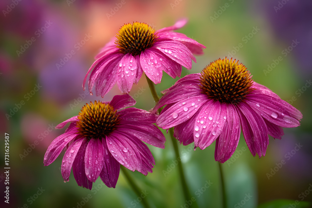 Obraz premium Ultra Realistic Editorial Photograph of Beautiful Purple Flowers with Water Drops in Soft Focus Background