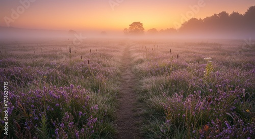 Misty landscape with a path leading into the distance during sunrise or sunset with a soft light atmosphere