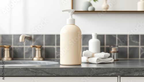 Elegant bathroom scene with a soap dispenser bottle atop a marble countertop for hygiene