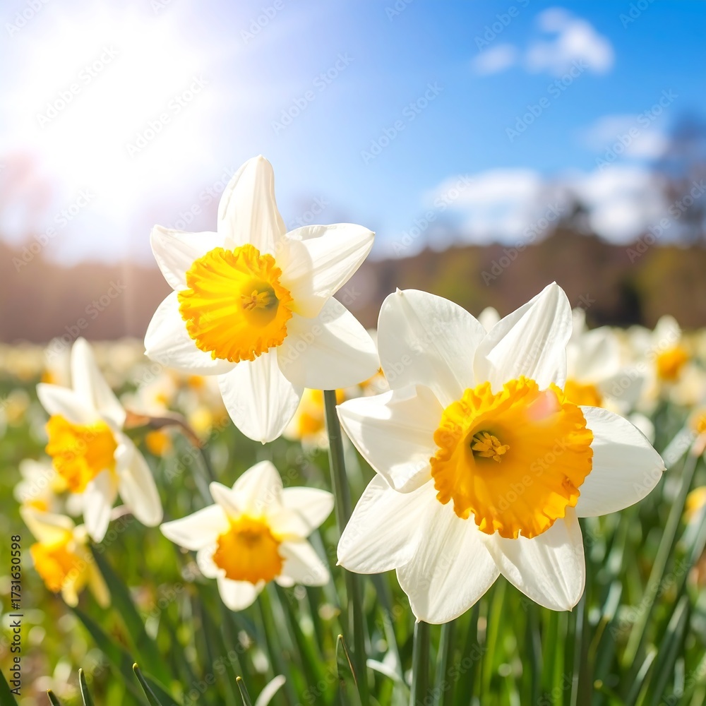 Fototapeta premium Bright sunlight illuminates a field of white and yellow daffodils