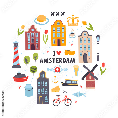 Amsterdam cute clipart. Amsterdam vector illustrations on white background