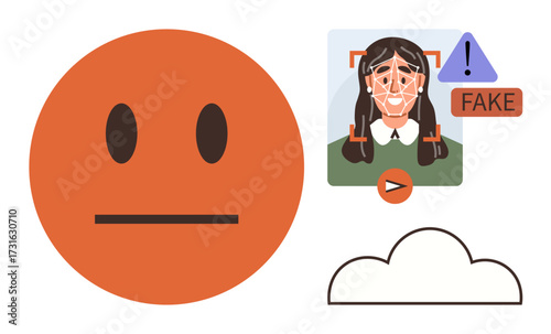 Neutral face, facial recognition scanning an image, warning alert, fake identity tag, play button, and cloud. Ideal for AI ethics, technology trust, cybersecurity biometrics deepfake detection