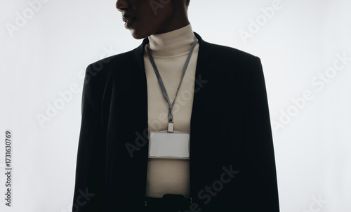 Professional wearing blank lanyard badge for corporate and event mockups