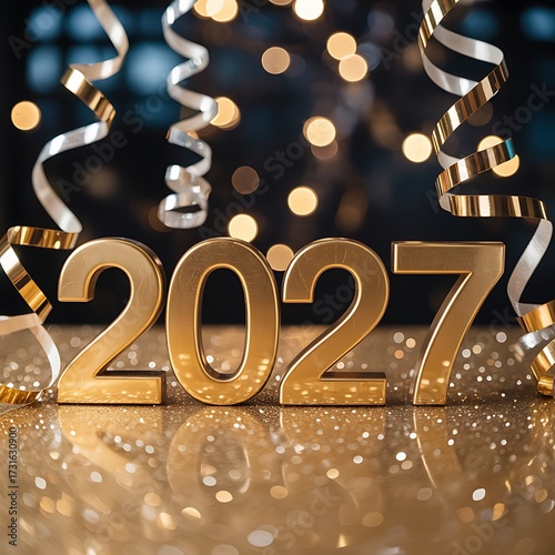 Shiny gold 2027 numbers with swirling ribbons and bokeh lights new year celebration