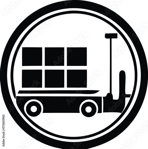 Warehouse forklift icon symbol for logistics and material handling transporting boxes within a circular frame