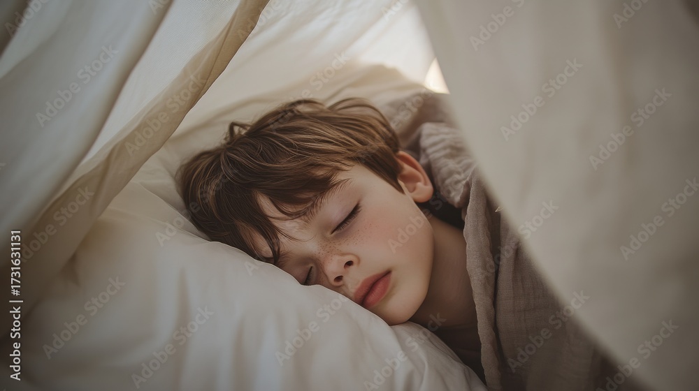 Obraz premium Young boy peacefully sleeping under soft covers in a serene indoor setting during the afternoon light hours
