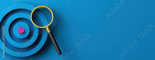 Business plan for the year 2026, target with magnifying glass icon on a blue background, copy space concept