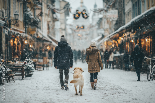 Couple and dog walking snowy city street during holidays