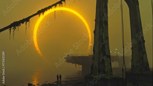 Two people observe an unusual celestial event over a ruined bridge, a post-apocalyptic or ancient civilization science fiction scene, footage