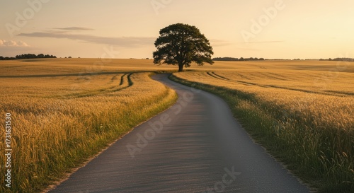 Scenic rural road leads towards a solitary tree against a sunset sky across cultivated fields