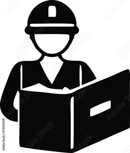 Construction worker icon reading blueprint plan document profession safety hard hat occupation industry building design architect engineer