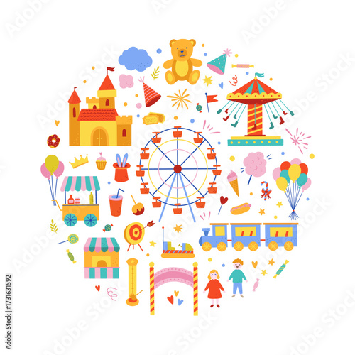 Amusement park vector illustrations. Cute amusement park clipart on white background