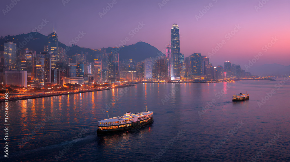 Fototapeta premium Ultra Detailed Cinematic Photograph of Victoria Harbour at Twilight with City Lights and Boats