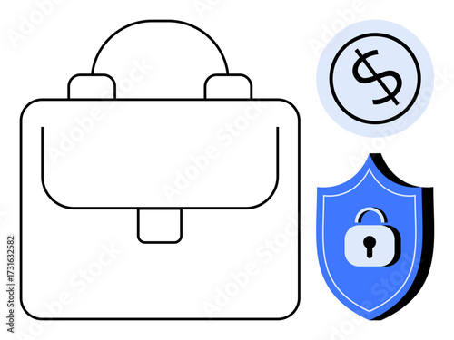 Black-and-white briefcase, blue shield with a lock, and dollar sign circle emphasize money safety. Ideal for finance, security, protection, business, investment savings banking. Simple flat