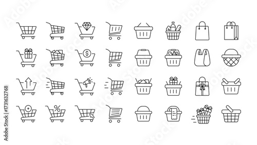 Shopping cart and basket line icons set. Supermarket trolley, shopping bag, order, add to cart, buy, sale, discount, and online store. Editable stroke. Vector illustration.