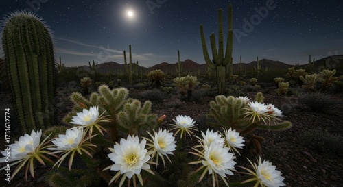 Night blooming cactus flowers under a moonlit sky desert landscape botanical illustration concept