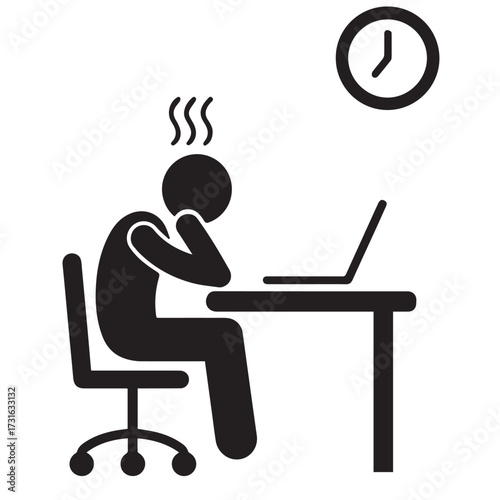 A person sitting at a desk with a laptop. The person's posture suggests they are tired or stressed, with their head resting in their hand. There are wavy lines above their head.