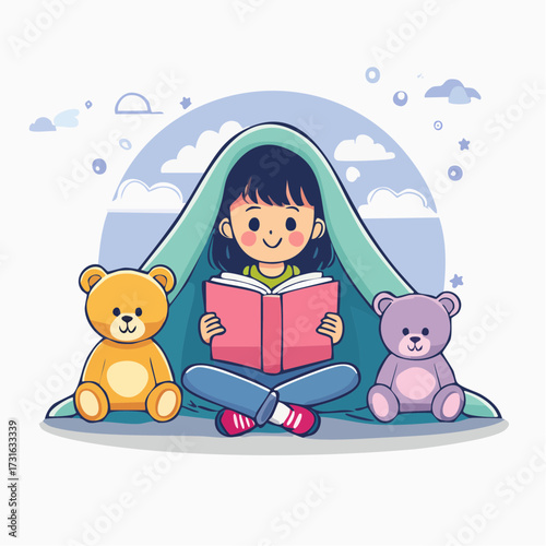 A young girl sits cross-legged under a blanket fort, reading a book with two teddy bears on either side of her.