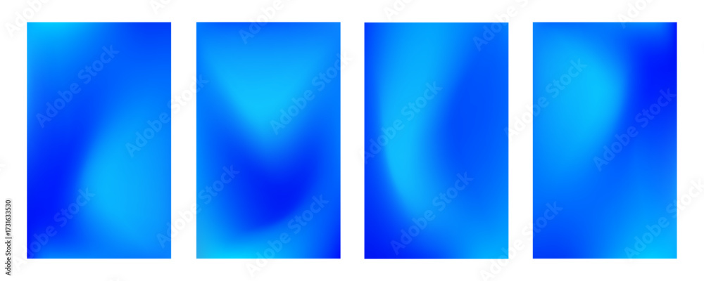 Fototapeta premium Set of four abstract gradient backgrounds with a vibrant palette of electric blue and bright cyan. These vertical templates are ideal for creating social media stories, mobile phone wallpapers
