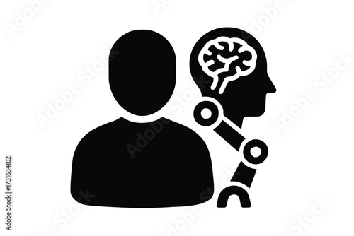 Artificial Intelligence and Human Brain Connection with Robot Arm Icon- black silhoutte