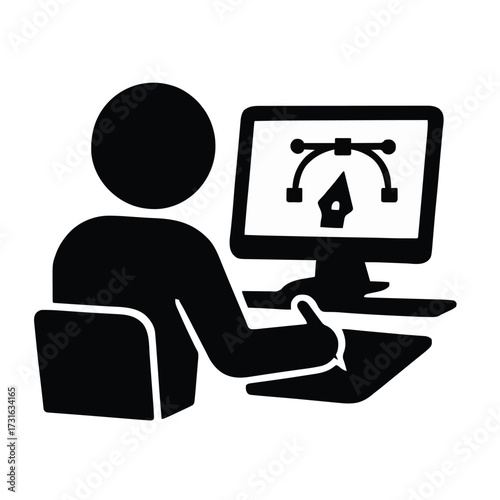 Graphic Designer Working on Computer: Pen Tool Vector Illustration Icon