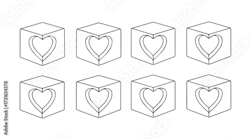 Eight isometric cubes with a heart shape cutout in a line silhouette