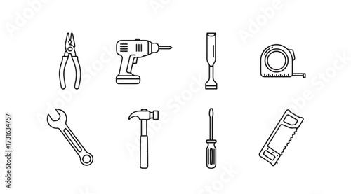 Collection of hand drawn silhouette tools for construction and repair work