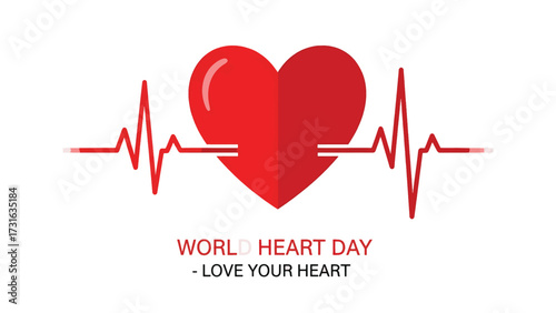 A stylized red heart with a pulsing electrocardiogram line running through it, symbolizing health and life, with text "WORLD HEART DAY - LOVE YOUR HEART" below.