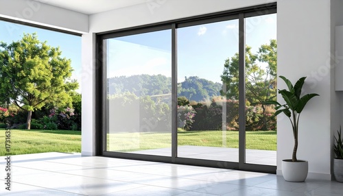 Modern indoor space featuring large glass sliding doors offering a scenic view of a lush green landscape with trees, plants, and a vibrant blue sky under bright sunlight, creating a serene and...