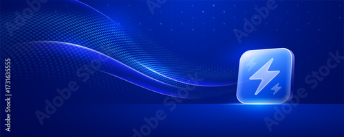 Abstract blue background with a glowing glassy lightning bolt icon