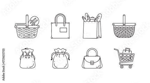 Collection of various shopping bags and baskets in a simple sketch silhouette style