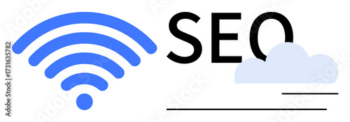 wireless signal icon, SEO text, and cloud element representing digital marketing, web optimization, connectivity, cloud technology, global reach, online tools and innovation. Ideal for tech