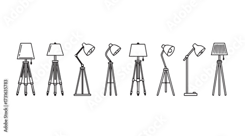 Collection of seven distinct floor lamp silhouettes in a row silhouette