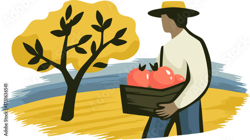 a stylized illustration of a man carrying a basket of tomatoes next to a large tree