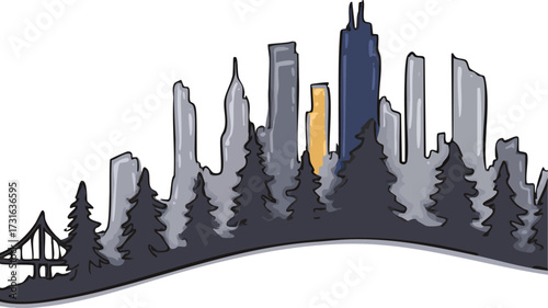 a stylized landscape depicting a city skyline with tall buildings and trees